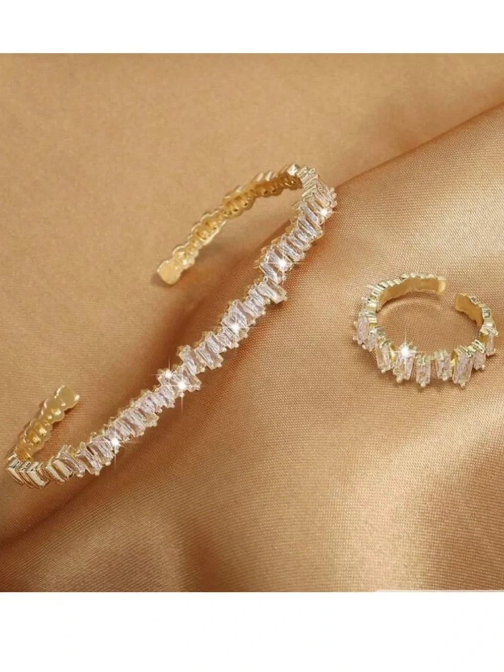 Anthropologie Gold Baguette Crystal Cuff Bracelet and Ring Set